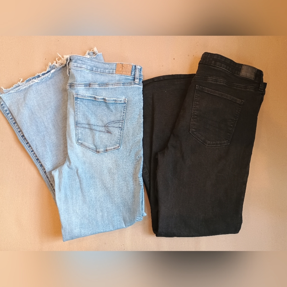 Lot Of 2 American Eagle Sz 18 Festival Flare Jeans Black And Light Wash Denim